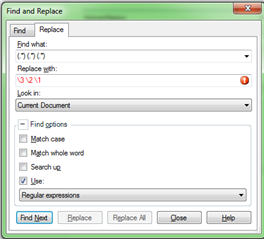 Trados Studio Find and Replace dialog box with an error message next to the 'Replace with' field, indicating an undefined group number in the regex expression.