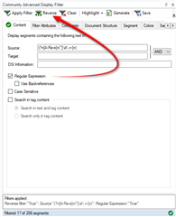 Trados Studio Advanced Display Filter window with a red arrow pointing to a regular expression input field containing Cyrillic characters.