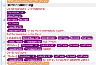 Screenshot of Trados Studio interface with highlighted text showing TranslationLock in combination with InlineGraphic, fmFrame, and fmInset tags.