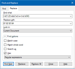 Trados Studio Find and Replace dialog box showing regular expression input for date formatting.