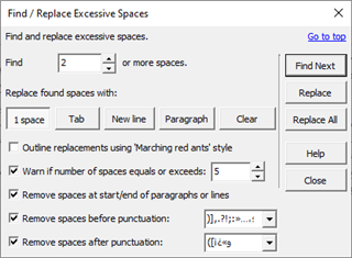 Trados Studio dialog box for finding and replacing excessive spaces. Options to find 2 or more spaces and replace with 1 space, tab, new line, or paragraph. Warning for number of spaces equals or exceeds 5.