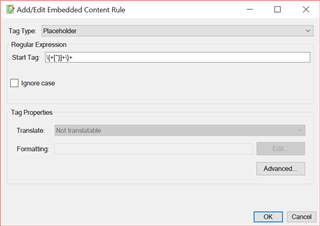 AddEdit Embedded Content Rule dialog box in Trados Studio with Tag Type set to Placeholder, Regular Expression field filled, and Translate option set to Not translatable.