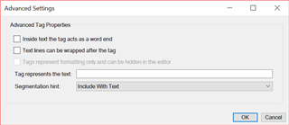 Advanced Settings dialog box in Trados Studio with options for how text inside and around the tag is treated, and Segmentation hint set to Include With Text.