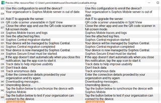 Screenshot of Trados Studio's Preview window displaying the content of a .strings file, with an error message about a string that includes HTML code.