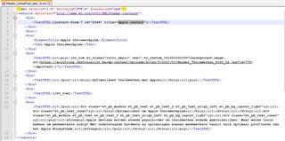 Screenshot of an XML file opened in Trados Studio with HTML code and WordPress shortcodes visible within the text.