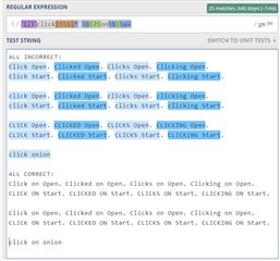 Screenshot of Trados Studio's Regular Expression test results showing highlighted matches for the pattern 'click' followed by 'on'. Variations include 'clicked on', 'clicks on', and 'clicking on'.