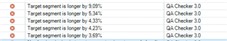 List of QA Checker 3.0 warnings showing target segments longer than source by percentages ranging from 0.09% to 8.59%.