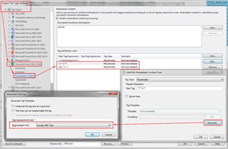 Trados Studio file type settings dialog showing regular expressions used to define internal tags for non-translatable parts of formulas.