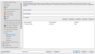 Trados Studio screenshot showing the 'Desired structure' dialog with regex patterns for opening, closing, and inline tags.