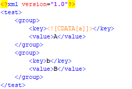 XML code snippet showing a test group with key-value pairs, where the key contains CDATA section text.