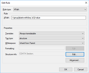 Trados Studio Edit Rule dialog box with XPath expression input field and CDATA Section structure info.