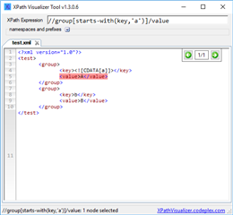 XPath Visualizer Tool interface displaying the XPath expression and the selected node result for the test XML.