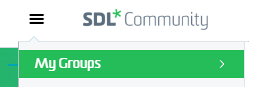 Screenshot of Trados Studio showing the SDL Community menu with 'My Groups' highlighted.