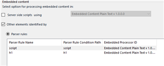 Trados Studio screenshot showing the Embedded Content settings with server side scripts using 'Embedded Content Plain Text v 1.0.0.0' and parser rules for 'script' and 'h1' tags.