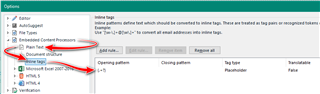 Trados Studio screenshot highlighting the 'Plain Text' option under 'File Types' in the 'Options' menu, with additional settings for 'Opening pattern' and 'Closing pattern' outlined in red.