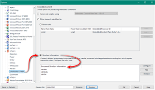 Screenshot of Trados Studio options menu with embedded content settings, showing a red arrow pointing to 'Document Structure Information' rule configuration.