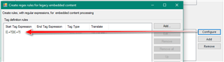 Screenshot of Trados Studio 'Create regex rules for legacy embedded content' dialog box, with a red arrow indicating the 'Tag Text Expression' input field containing text expressions.