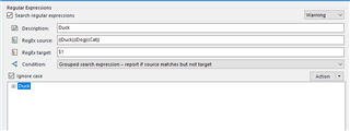 Trados Studio screenshot showing a Regular Expression search with description 'Duck', Regex source and target '(DuckduckDuck)', Condition 'Grouped search expression - report if source matches but not target', and 'Ignore case' checked.