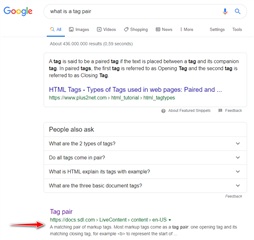 Google search results page showing a query for 'what is a tag pair' with a highlighted link to SDL Trados Studio Help documentation.