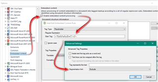 Trados Studio settings window with 'Embedded content' section highlighted, showing options for enabling embedded content processing and advanced settings.