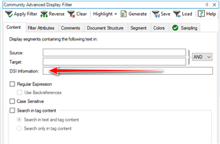 Screenshot of Trados Studio's Community Advanced Display Filter window with an arrow pointing to the DSI Information field.