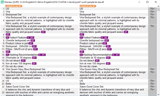 Screenshot of Trados Studio showing a side-by-side comparison of a source and target text with highlighted differences in a sample-br.xlsx file.