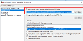 Trados Studio 'Pre-Defined Pipeline: Translation Kit Creation' window with options for segmentation rules.