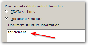 Screenshot of Trados Studio Embedded Content Processor with 'sdl:element' highlighted indicating correct input as per user instructions.