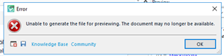 Error dialog box in Trados Studio stating 'Unable to generate the file for previewing. The document may no longer be available.'