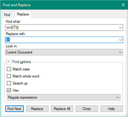 Trados Studio Find and Replace dialog box with regular expressions option selected for finding spaces before punctuation marks.