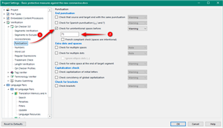 Trados Studio Project Settings dialog box showing QA checker rules with punctuation checks enabled and warnings highlighted.