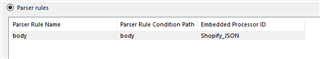 Trados Studio parser rules settings showing 'body' as Parser Rule Name and Condition Path with 'Shopify_JSON' as Embedded Processor ID.