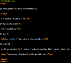 Screenshot of HTML code with variables and conditional statements in Trados Studio.