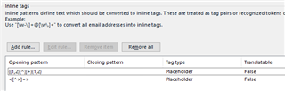 Trados Studio inline tags configuration window showing rules for converting email addresses into inline tags.