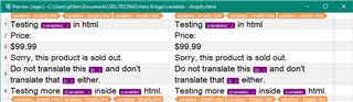 Preview of translated text in Trados Studio with variables and conditional text highlighted.