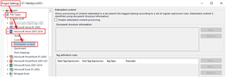 Trados Studio screenshot showing Project Settings window with a red error icon next to Microsoft Word 2007-2019 files and a warning for Embedded content processing.