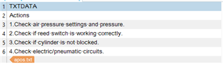 Screenshot of Trados Studio showing a list of actions in TXIDATA section, including checking air pressure, reed switch, cylinder, and electricpneumatic circuits.