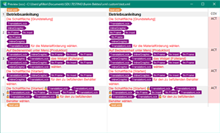 Screenshot of Trados Studio preview pane showing a side-by-side comparison of source and target text with highlighted segments.