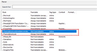 Screenshot of Trados Studio's parser rule settings with a red dashed box around the TranslationLock rule excluding InlineGraphic elements.