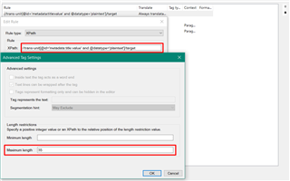 Trados Studio parser rule settings window showing a rule for 'title' attribute with a minimum length set to 30 characters.