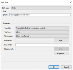 Trados Studio rule editor window showing XPath rule type with value 'image@placement='inline'' and properties set to 'Translatable but not in protected content', 'Tag type: inline', 'Whitespace: Inherit from Parent'. No visible errors or warnings.