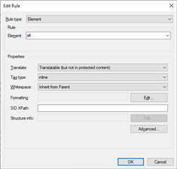 Trados Studio Edit Rule dialog box showing options for Rule type: Element, Element: alt, with properties set to Translate: Translatable but not in protected content, Tag type: inline, Whitespace: Inherit from Parent, and buttons for OK and Cancel.