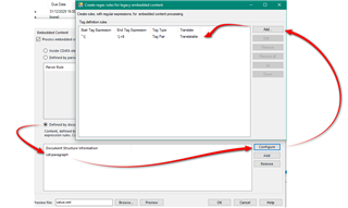 Screenshot of Trados Studio settings window with red arrows highlighting the 'Embedded Content Processor' and 'Defined by document structure information' options.