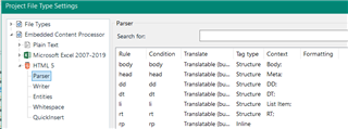 Trados Studio Project File Type Settings showing HTML 5 Parser configurations.