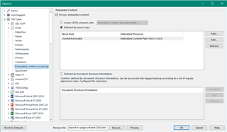 Trados Studio options menu showing Embedded Content Processor settings with a defined rule for XML content.