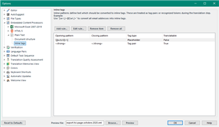 Trados Studio options menu displaying Text Delimited ECP settings with a list of added rules for text processing.