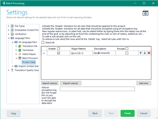 Trados Studio batch processing settings window with a rule set up for SDL Data Protection Suite to handle square brackets.