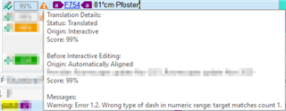 Trados Studio screenshot showing a warning message 'Error 1.2: Wrong type of dash in numeric range; target matches count: 1.' in the Messages panel, with a translation segment ' 754 - 81cm Poster' highlighted above.