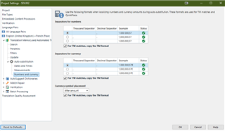 Trados Studio Project Settings dialog showing Language Pairs section with options to change Thousand Separator and Decimal Separator for source and target languages.