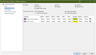 Trados Studio Translation Memory Settings dialog with Recognition, Fields, and Numbers tabs, showing language pair English (United States) - French (France) with options for separators.